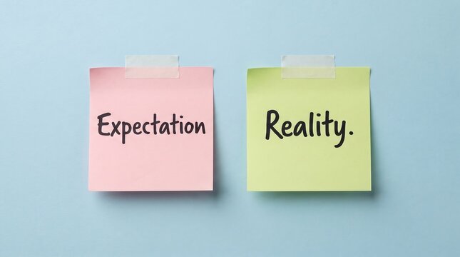 Expectation versus reality text written on two colorful sticky notes with white adhesive tape on a light blue background illustrating a conceptual comparative metaphor.