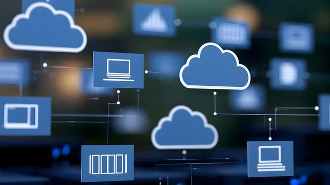 Digital infrastructure diagram showing cloud computing  laptops  and server connections in a modern tech environment