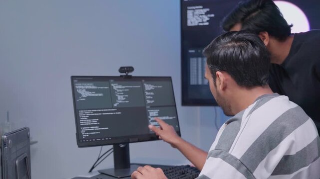 Software engineering use computer working development office are assisting algorithm systems or verifying code. Programmer teamwork using artificial intelligence on laptop analysis or writing coding