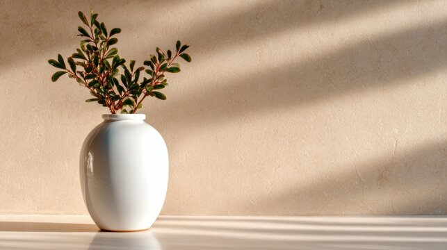 A simple yet elegant image of a green plant displayed in a pristine white vase against a soft, neutral background, exuding a sense of freshness and tranquility.