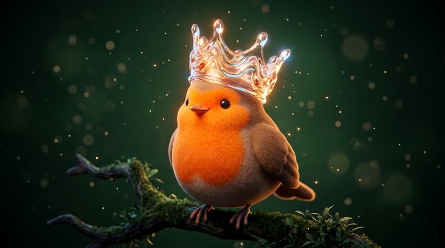 Magic European Robin with glowing crown on mossy branch, 3 photorealistic images of cute bird king in winter forest with bokeh, dark green background, winter fairy tale illustration set