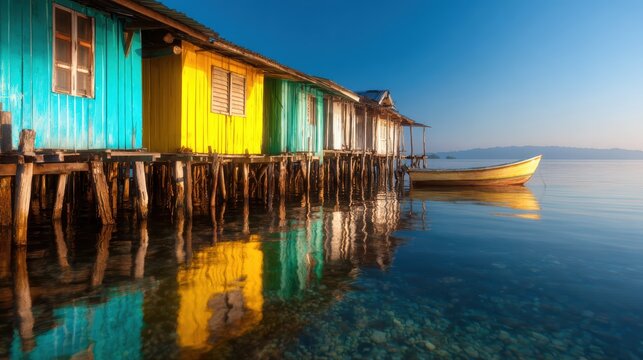 This beautiful image showcases vibrant stilt houses reflecting in calm waters during dawn, capturing a serene ambiance and the beauty of nature and architecture.