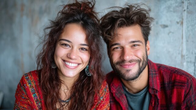 This warm image features a cheerful couple smiling contently in a cozy indoor setting, embodying joy, connection, and the beauty of companionship and affection.