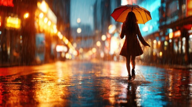 This dynamic urban scene captures a woman walking in the rain with a colorful umbrella, evoking feelings of solitude and joy amidst the rain-soaked city lights.