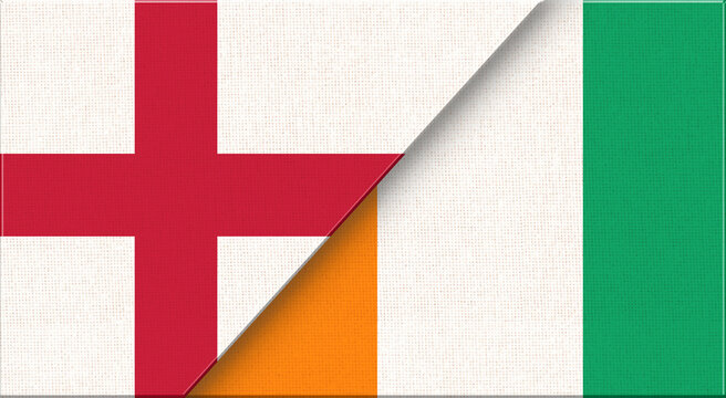 Double flag of England and Cote d'Ivoire on fabric - 3D illustration.