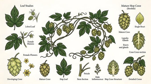 Vintage botanical illustration set of green hop plants cones leaves and stems with beer ingredients vintage drawing plant stems floral elements herbal set