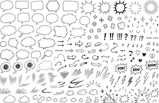 Collection of hand drawn comic book speech bubbles bursts and action effects in black and white
