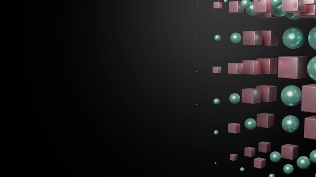 Abstract motion graphics background displaying glossy teal spheres and rose gold metallic cubes animated and shifting position over a dark space.