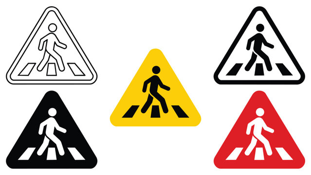 Pedestrian crossing warning sign icon set in multiple colors and vector outline styles with pedestrian crossing triangle attention indicator