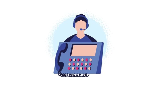 Customer service representative with headset and telephone, communication and support concept.