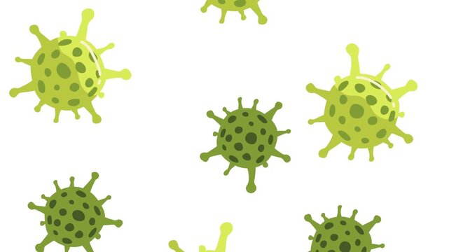 Animated cartoon green bacteria cells falling down on white background representing infection spreading and virus distribution.