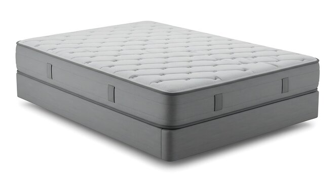 Luxurious Gray Quilted Mattress and Box Spring Set on White Background.