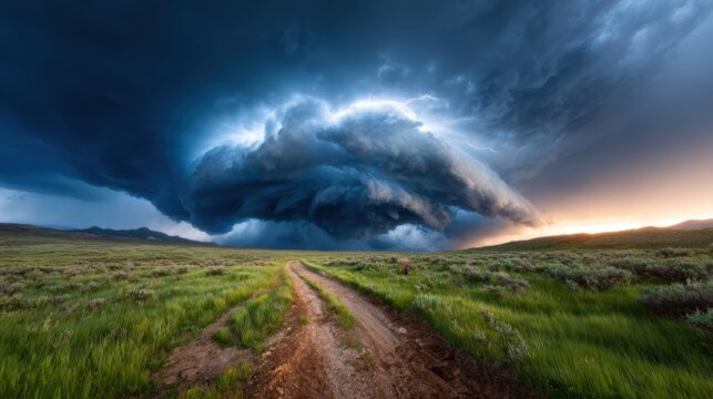 A breathtaking landscape of dramatic storm clouds rolling over a lush green field with a winding dirt path, evoking strong emotions of nature's beauty and the power of the elements.