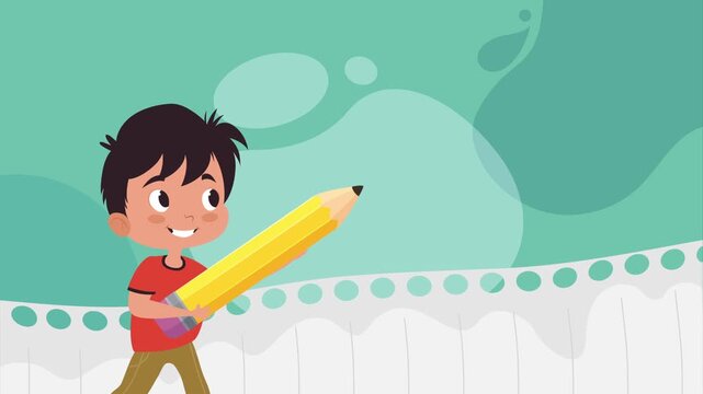 Little boy holding giant yellow pencil on artistic abstract background animation.