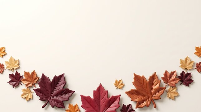 Curved bottom arch border of dark red and orange autumn leaves on white Canadian Thanksgiving background