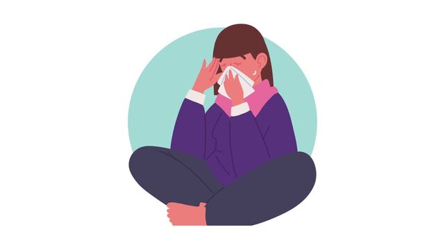 Woman suffering from fever and flu symptoms sitting with tissue animated video clip.
