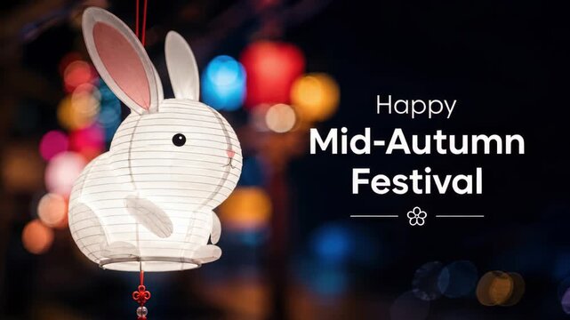 White rabbit lantern beside happy mid autumn festival greeting, chinese moon festival card, lunar holiday message with colorful lights