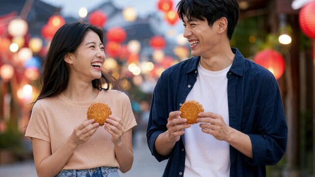 Smiling couple holding mooncakes at lantern festival, mid autumn family celebration, chinese harvest moon tradition plus festive gathering