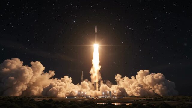 Launching Rocket at Night in Quiet Space Center