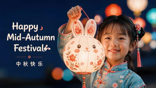 Young girl raising glowing bunny lantern beside festival greeting text, mid autumn celebration, chinese childhood holiday tradition