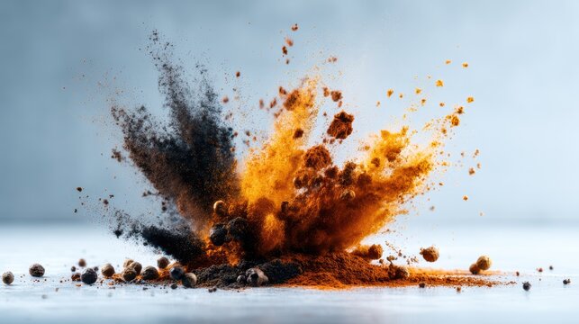 An artistic display of vibrant and contrasting spice powders in a dramatic explosion captures the essence of flavor, cooking, and creativity within culinary arts.