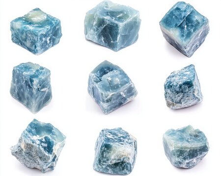 Collection Of Blue And Gray Faceted And Rough Stones On White Background