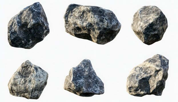 Collection Of Gray Rocks With Rough Texture On White Background