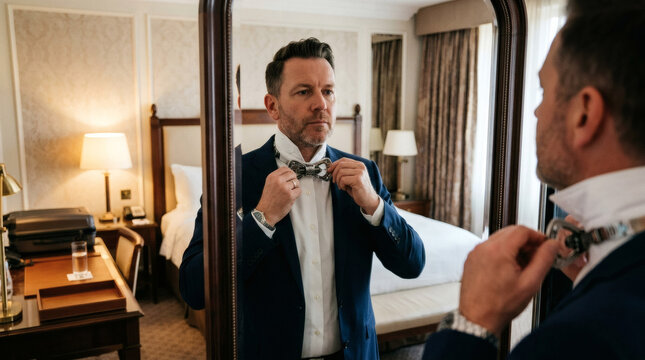 Man in a suit adjusting his unique bow tie in a hotel room mirror