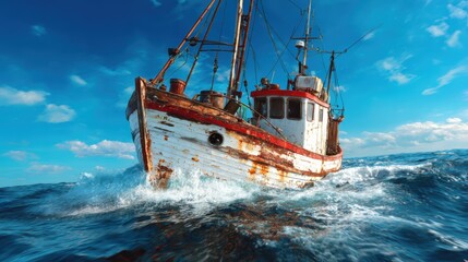 Obraz premium An aging fishing boat struggles against turbulent ocean waves, symbolizing resilience and the enduring spirit of maritime adventure.