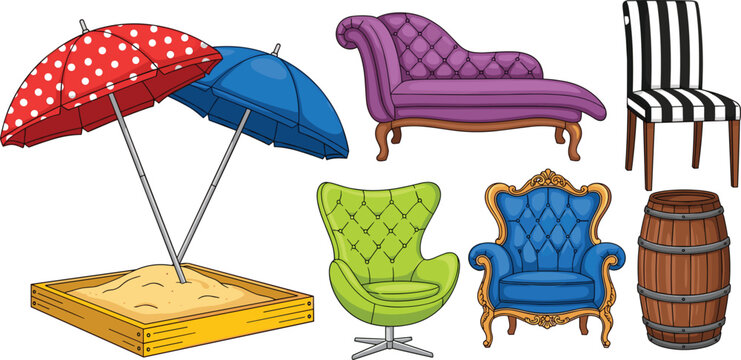 Vintage and modern furniture collection armchairs chaise lounge striped chair wooden barrel beach umbrellas sandbox set vector illustration