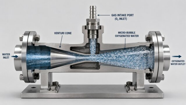 Mechanical Sectional Cutaway of Microbubble Dissolved Oxygen Water Injector Venturi