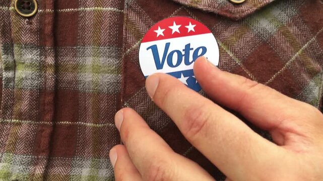 Man putting Vote election sticker on his plaid shirt, concept of proud American citizen voting