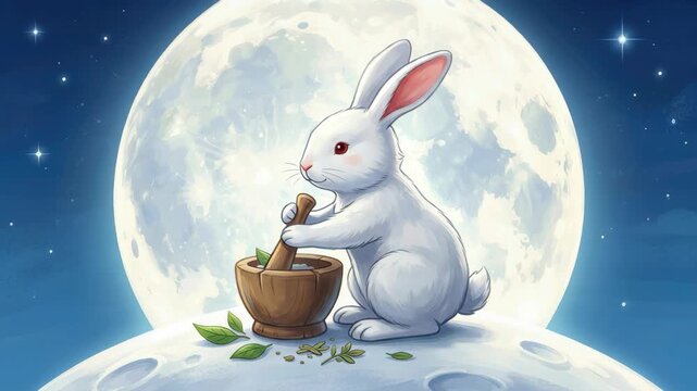 Moon rabbit preparing immortality elixir beside full moon, mid autumn festival legend, chinese folklore character with mortar plus pestle