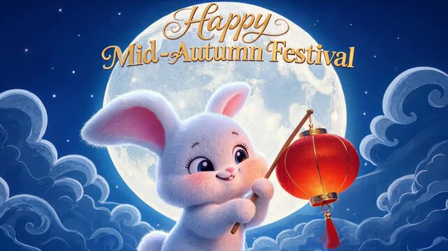 Cute talking moon rabbit with moving lips, speaking with no audio and lip syncing for Happy Mid-Autumn Festival