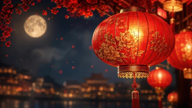 Ornate red lantern glowing under full moon above city lights, mid autumn festival night, chinese lunar holiday decoration
