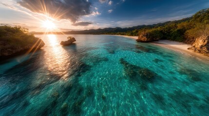 Obraz premium A breathtaking view of crystal-clear tropical waters under a stunning sky at sunset, conveying the allure of paradise and the tranquility of nature's beauty.