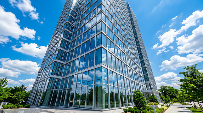 Modern glass skyscraper reflecting blue sky with fluffy clouds, surrounded by green trees and manicured landscaping on a sunny day
