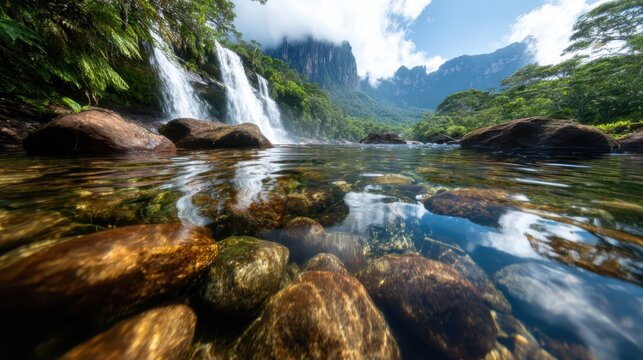 This breathtaking landscape captures a serene waterfall cascading into a tranquil lake, surrounded by lush greenery, evoking feelings of peace and connection to nature.
