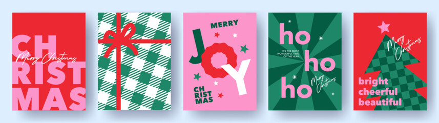 Naklejka premium Modern Christmas card collection with bold typography, geometric ornaments and festive illustrations. Ideal for branding, packaging, posters, greeting cards and social media, print.