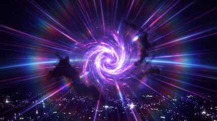 Fototapeta premium A vibrant purple and blue light radiates from a glowing orb in a dark starry night sky