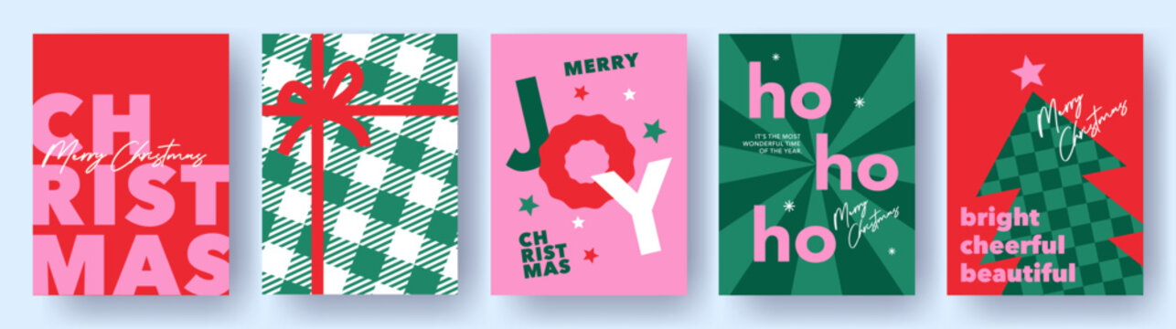 Modern Christmas card collection with bold typography, geometric ornaments and festive illustrations. Ideal for branding, packaging, posters, greeting cards and social media, print.