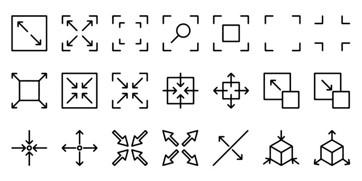 Scalable Size Outline Icons Collection Responsive Interface, Fullscreen, Resize and Editable Stroke Vector Illustration.