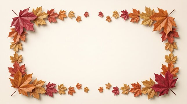 Full rectangular frame border of colorful autumn maple leaves on light cream Canadian Thanksgiving background