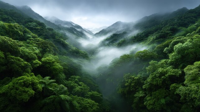 A captivating view of mist-shrouded green mountains enveloped by rich rainforest foliage evokes a sense of mystery and tranquility in nature's untouched landscapes.