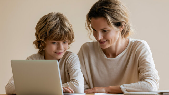 Parent and child engaged in online learning with laptop at home during homeschool session