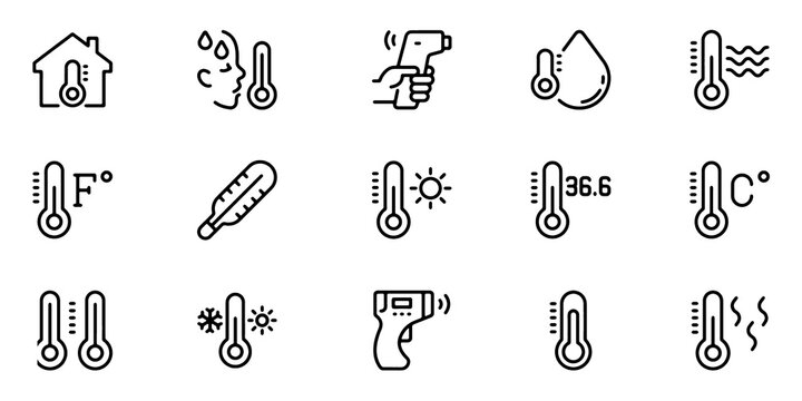 Temperature Outline Icons Collection Thermometer, Digital, Infrared, Medical and Weather Editable Stroke Vector Illustration.