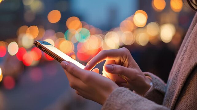 Point finger on screen phone closeup, person testing test message, touch white screen on smartphone. City Night Colorful Bokeh Light. Close-UP. Person using mobile phone close up in dark. Online wi-fi