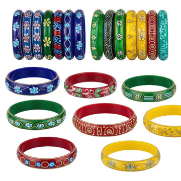 A vibrant collection of intricately designed colorful bangles in various patterns and hues, showcasing traditional ethnic jewelry craftsmanship with ornate floral motifs and gold accents.