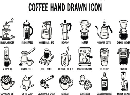 Hand drawn coffee maker icons set with grinder press moka pot filter machine vector illustration