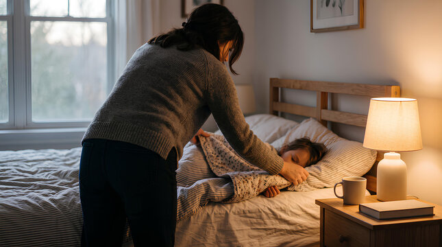 Back view of a person tucking a child into bed with a small lamp gl